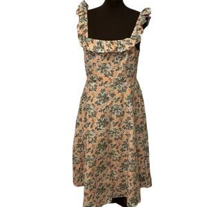 Ann Taylor Peach Green Cotton Linen Floral Ruffle Summer Fit Flare Dress Size 10